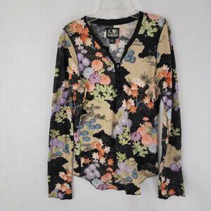 LUCKY BRAND Womens MEDIUM Thermal Shirt Asian Boho Retro Vintage Hippie Flower